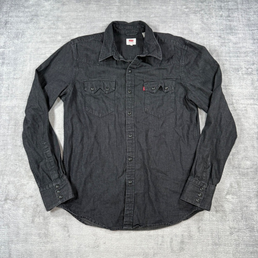 Levis Shirt Mens Medium Black Denim Long Sleeve Pearl Snap Western Americana